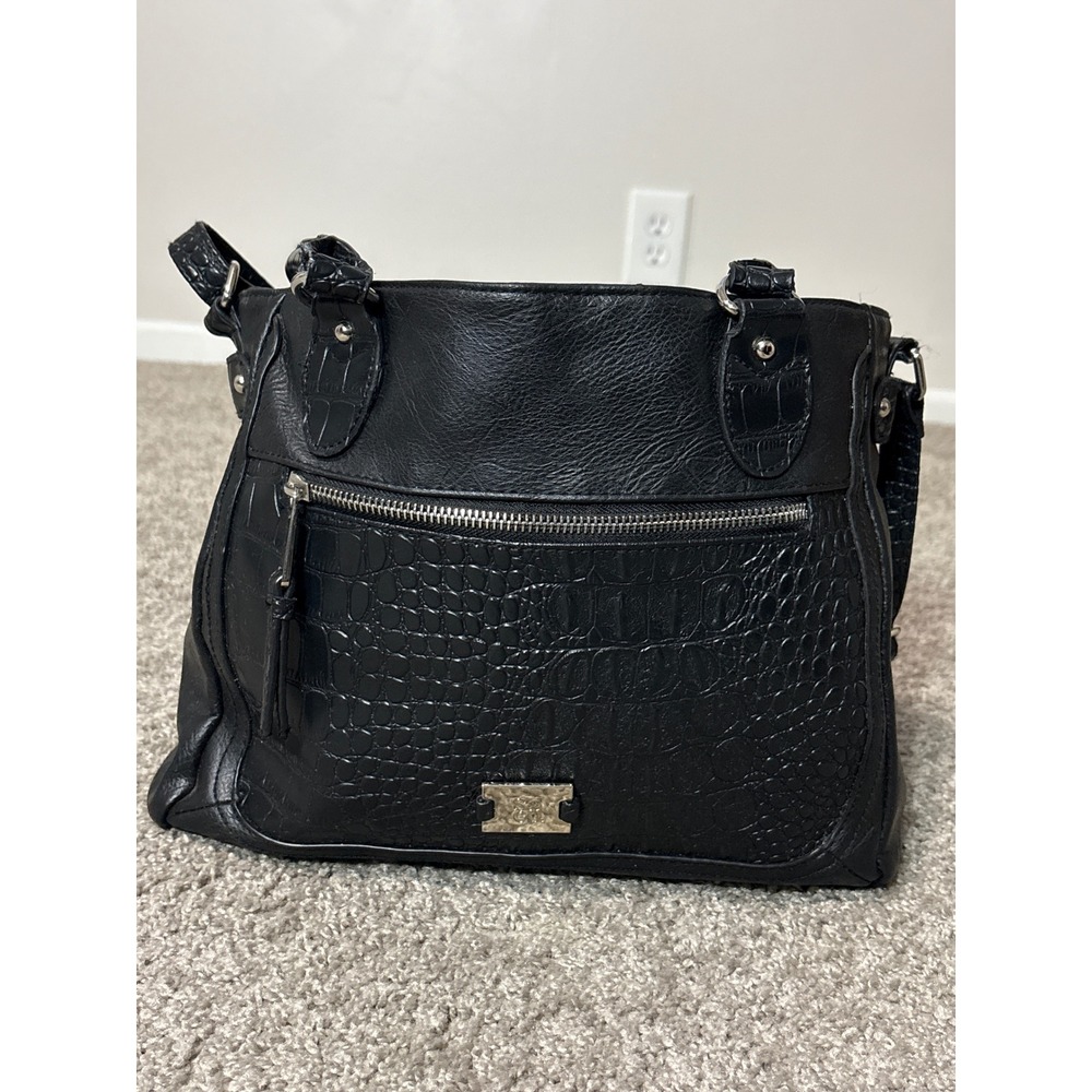 Style&Co Black Leather Croc Embossed Shoulder Bag Handbag Silver Tone Hardware